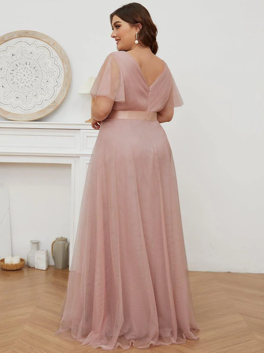 ever MISTE|Women's Double V-Neck Floor-Length Bridesmaid Dress with Short Sleeve - Image 7