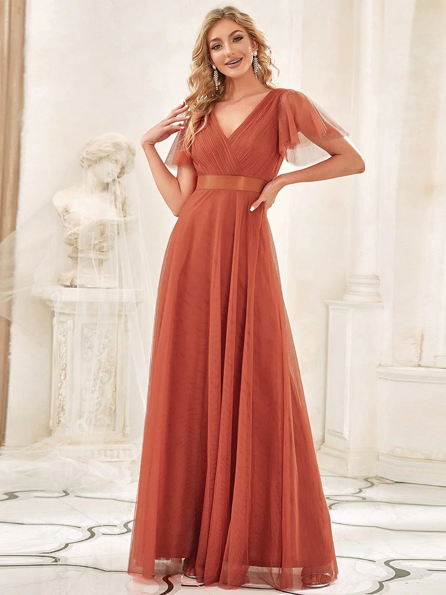 ever MISTE|Women's Double V-Neck Floor-Length Bridesmaid Dress with Short Sleeve - Image 8
